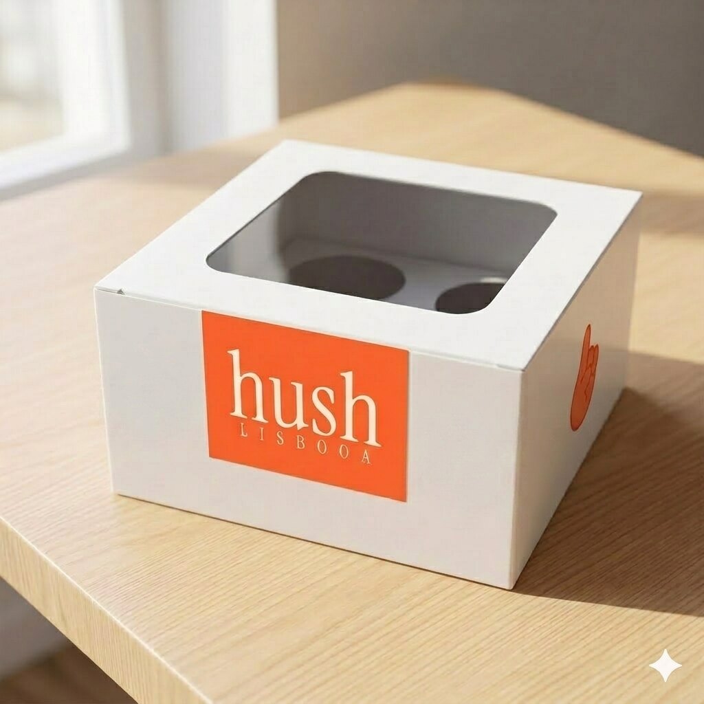 Caixa de bolo HUSH sobre uma mesa